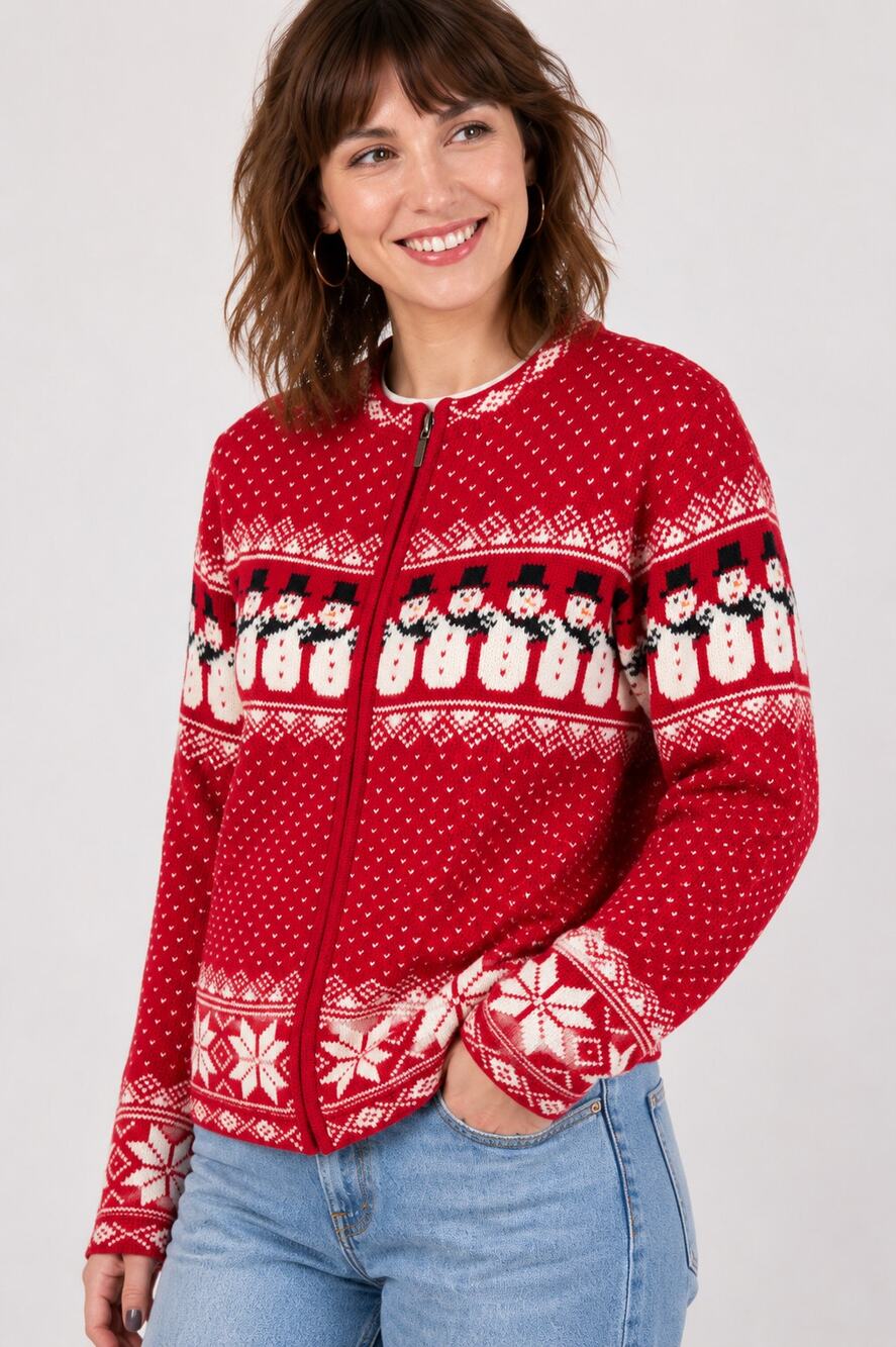 Croft & Barrow Silk Angora Zip Up Snowman Cardigan Womens Medium Red Christmas